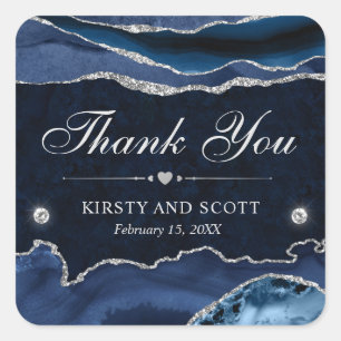 Blue and Silver Glitter Marble Wedding Square Sticker