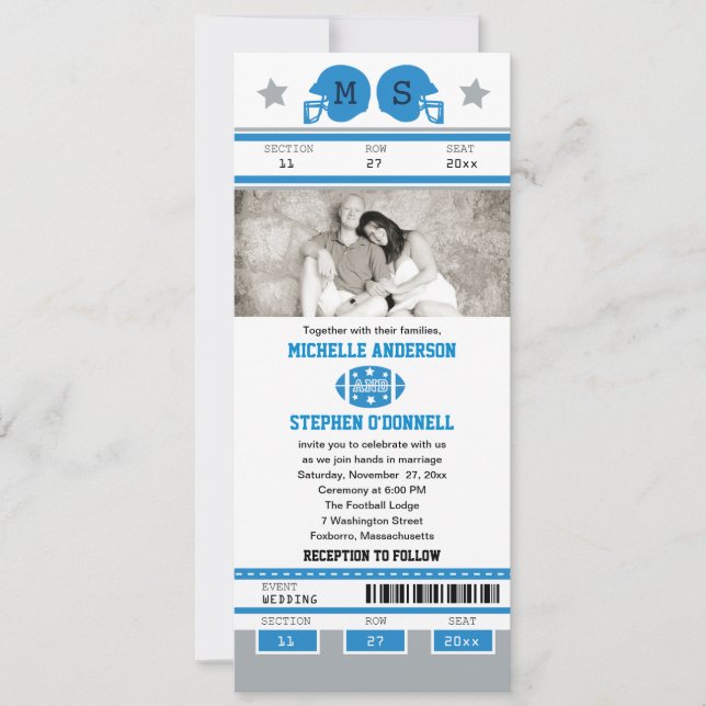 Blue and Silver Grey Green Football Ticket Wedding Invitation (Front)