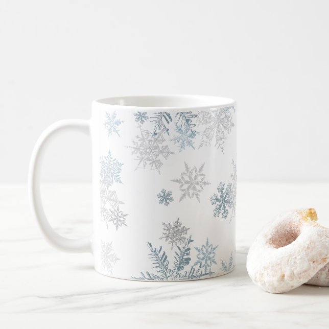 Blue and Silver Grey Winter Wonderland Snowflake Coffee Mug (With Donut)