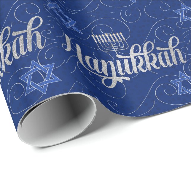 Blue and Silver Hanukkah with Swirls Star of David Wrapping Paper (Roll Corner)