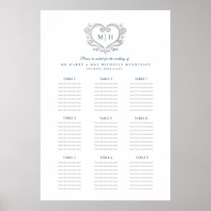 Blue and silver heart wreath wedding seating chart