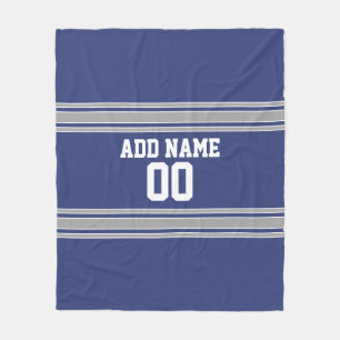 Blue and Silver Jersey Stripes Custom Name Number Fleece Blanket