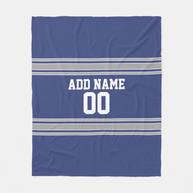 Blue and Silver Jersey Stripes Custom Name Number Fleece Blanket (Front)
