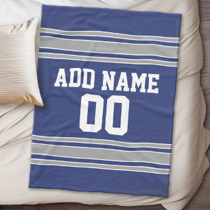 Blue and Silver Jersey Stripes Custom Name Number Fleece Blanket