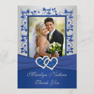 Blue and Silver Joined Hearts Photo Thank You Card