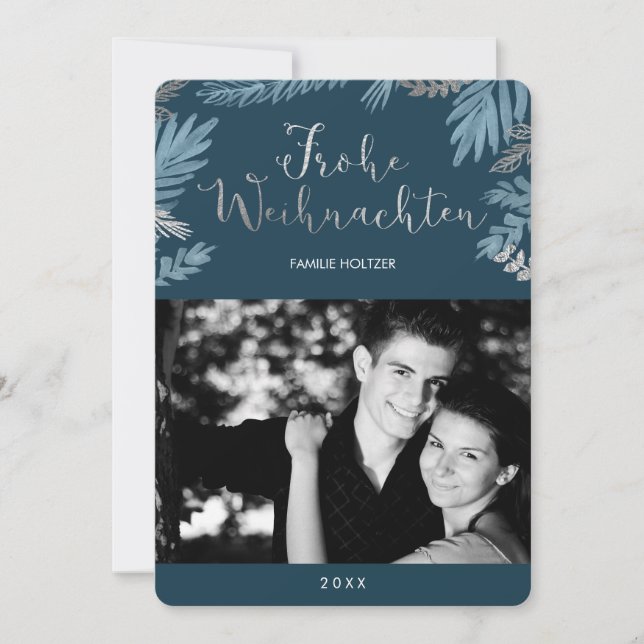 Blue and Silver Leaves Frohe Weihnachten Photo Holiday Card (Front)