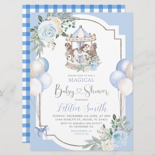 Blue and Silver Magical Carousel Baby Shower Invitation (Front/Back)