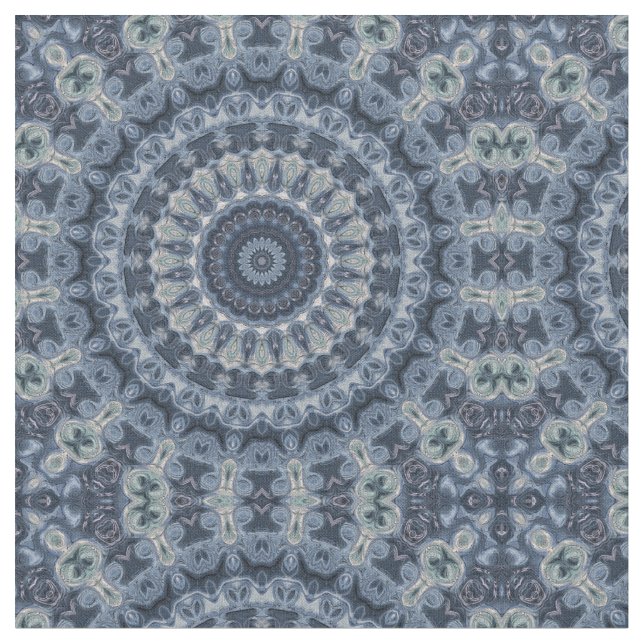 Blue and Silver Mandala Pattern Design Fabric (Close Up)