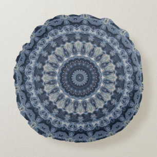 Blue and Silver Mandala Pattern Design Round Cushion