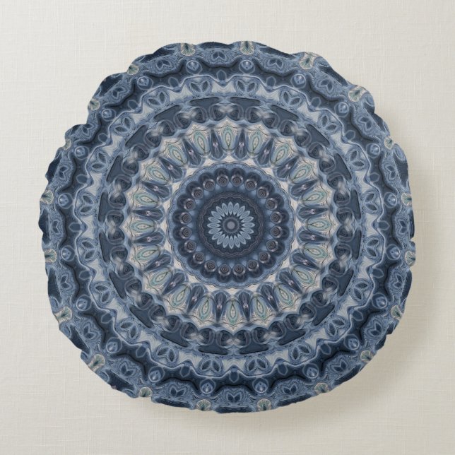 Blue and Silver Mandala Pattern Design Round Cushion (Front)