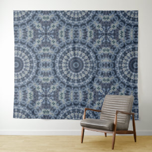 Blue and Silver Mandala Pattern Design Tapestry