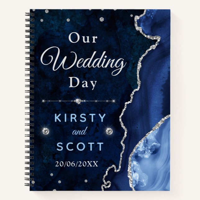 Blue and Silver Marble Agate Wedding Photos Notebook (Front)