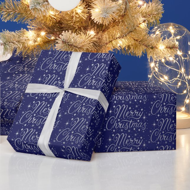 Blue and Silver Merry Christmas Script Pattern Wrapping Paper (Holidays)