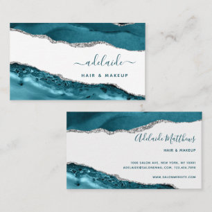 Blue And Silver Modern Art Watercolor Agate Script Business Card