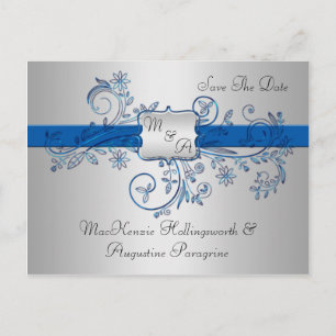 Blue and Silver Monogram Floral Swirls Save The Da Announcement Postcard