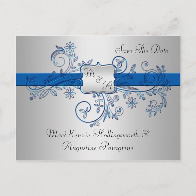 Blue and Silver Monogram Floral Swirls Save The Da Announcement Postcard (Front)