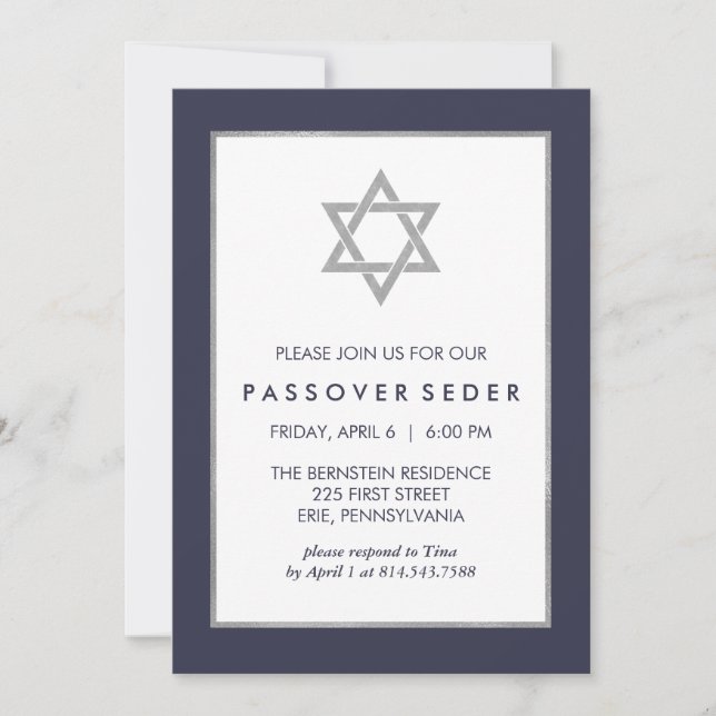 Blue and Silver Passover Seder with Star of David Invitation (Front)
