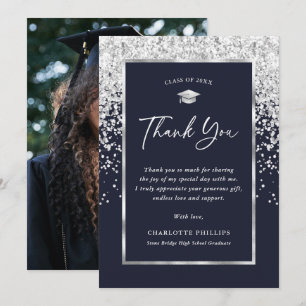 Blue and Silver Photo Graduation Thank You Card