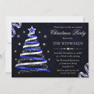 Blue and Silver Ribbon Tree Christmas Party Invitation
