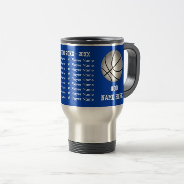 Blue and Silver Senior Night Basketball Gifts Travel Mug (Front Right)