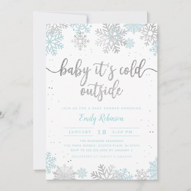 Blue And Silver Snowflake Winter Boy Baby Shower Invitation (Front)