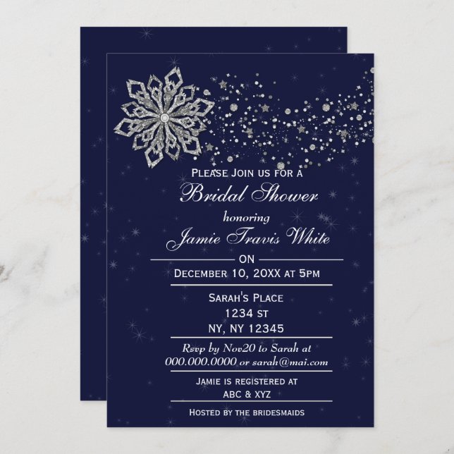 Blue and Silver Snowflake Winter Bridal shower Invitation (Front/Back)