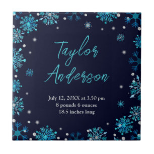 Blue and Silver Snowflakes Baby Birth Statistics Tile