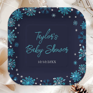 Blue and Silver Snowflakes Baby Shower Paper Plate