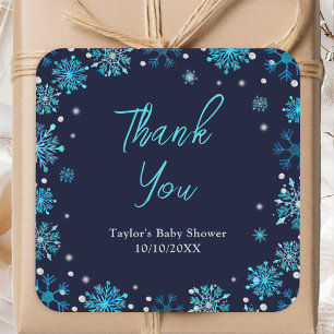 Blue and Silver Snowflakes Baby Shower Thank You Square Sticker