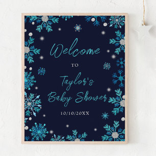 Blue and Silver Snowflakes Baby Shower Welcome Poster