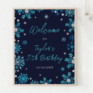 Blue and Silver Snowflakes Birthday Party Welcome Poster