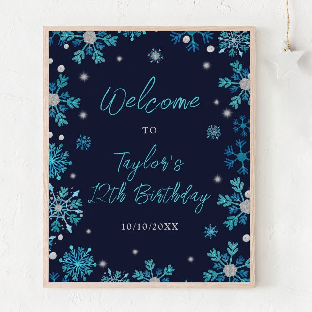 Blue and Silver Snowflakes Birthday Party Welcome Poster (Creator Uploaded)