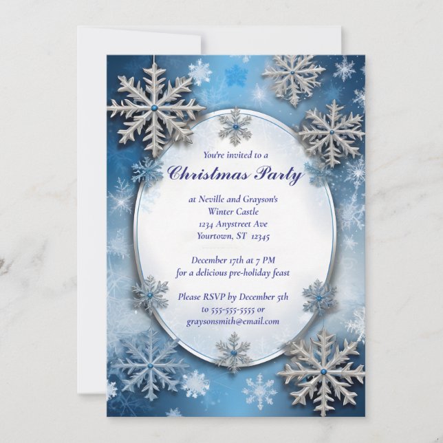 Blue and Silver Snowflakes Christmas Party Invitation (Front)