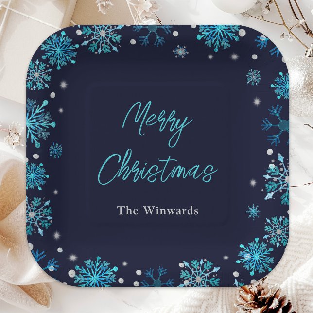 Blue and Silver Snowflakes Christmas Party Paper Plate (Creator Uploaded)