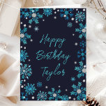 Blue and Silver Snowflakes Happy Birthday Card<br><div class="desc">This elegant and glamourous watercolor birthday card can be personalised with a name or title, such as mum, daughter, granddaughter, niece, friend etc. It features watercolor turquoise blue and silver faux glitter snowflakes and sparkles on a navy blue background. The text combines handwritten script and modern sans serif fonts for...</div>