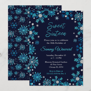 Blue and Silver Snowflakes Sweet Sixteen Invitation