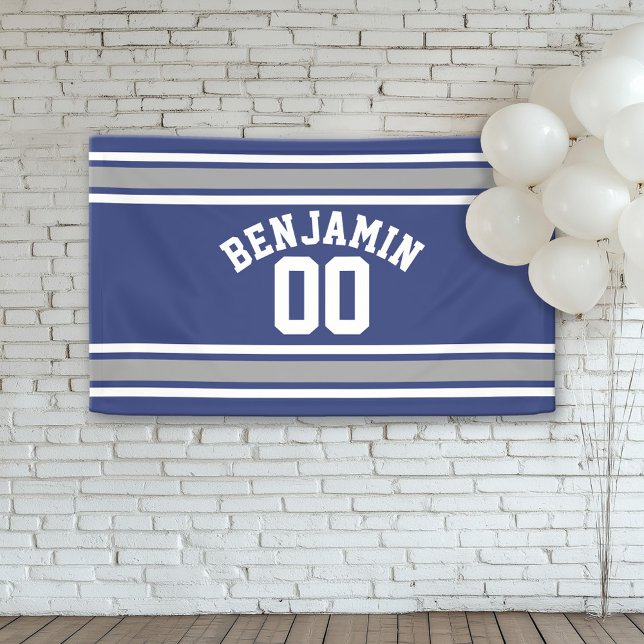Blue and Silver Sports Jersey Custom Name Number Banner (Custom Birthday Banner)