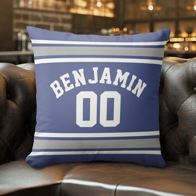 Blue and Silver Sports Jersey Custom Name Number Cushion (Custom Pillow)