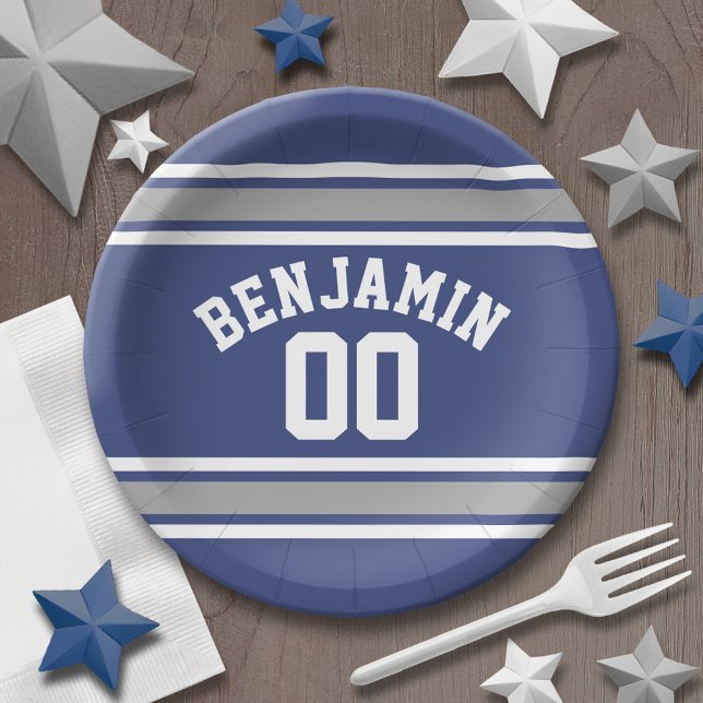 Blue and Silver Sports Jersey Custom Name Number Paper Plate (Personalized party plates - sports theme for birthday or any occasion)