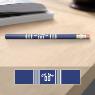 Blue and Silver Sports Jersey Custom Name Number Pencil