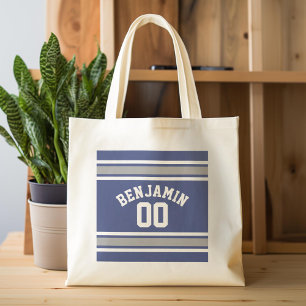 Blue and Silver Sports Jersey Custom Name Number Tote Bag