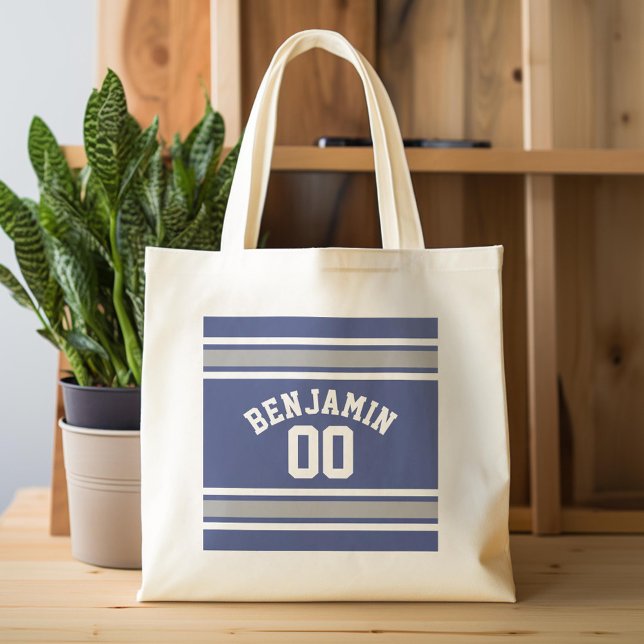 Blue and Silver Sports Jersey Custom Name Number Tote Bag (Custom Tote Bag)