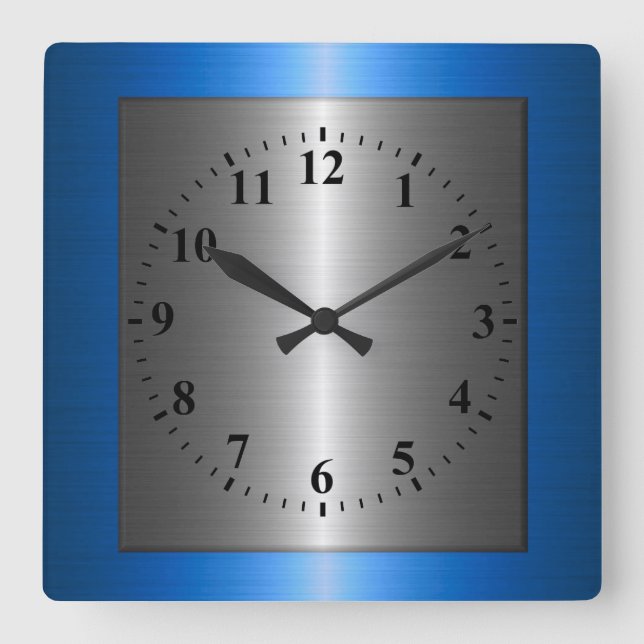 Blue and Silver Stainless Steel Metal Square Wall Clock (Front)