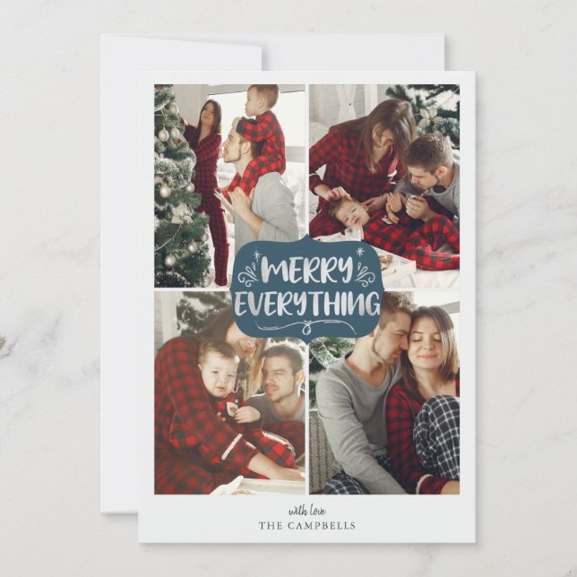 Blue and Silver Stars Merry Everything Multi Photo Holiday Card (Front)