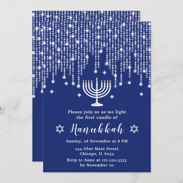 Blue and Silver String Lights Hanukkah Party Invitation (Front/Back)