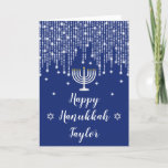 Blue and Silver String Lights Happy Hanukkah Holiday Card<br><div class="desc">This elegant and sophisticated Happy Hanukkah card can be personalised with a name or title, such as daughter, granddaughter, niece, friend etc. It features beautiful silver string fairy lights with diamond sparkles, a menorah candle and the Star of David. The text combines handwritten script and serif fonts for a stylish...</div>