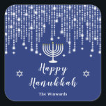 Blue and Silver String Lights Happy Hanukkah Square Sticker<br><div class="desc">This elegant and sophisticated Hanukkah sticker features beautiful silver string fairy lights with diamond sparkles,  a menorah candle and the Star of David. The text combines handwritten script and serif fonts for a stylish and modern look. This is perfect for a Hanukkah party.</div>