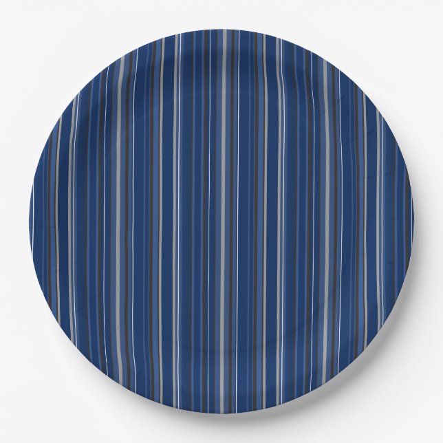Blue and Silver Striped 9" Paper Plates (Front)