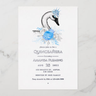 Blue and Silver Swan Quinceañera Foil Invitation