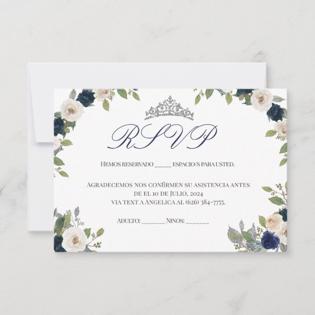 Blue and Silver Tiara Floral Quinceañera RSVP Thank You Card (Front)
